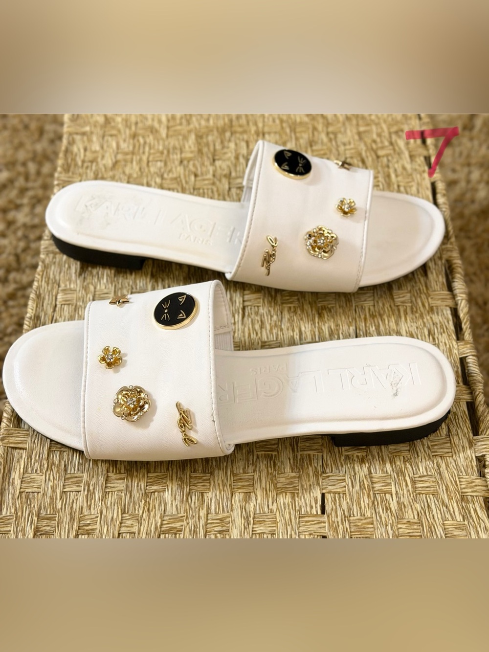 Karl Lagerfeld White Slide Sandals with Gold Charms